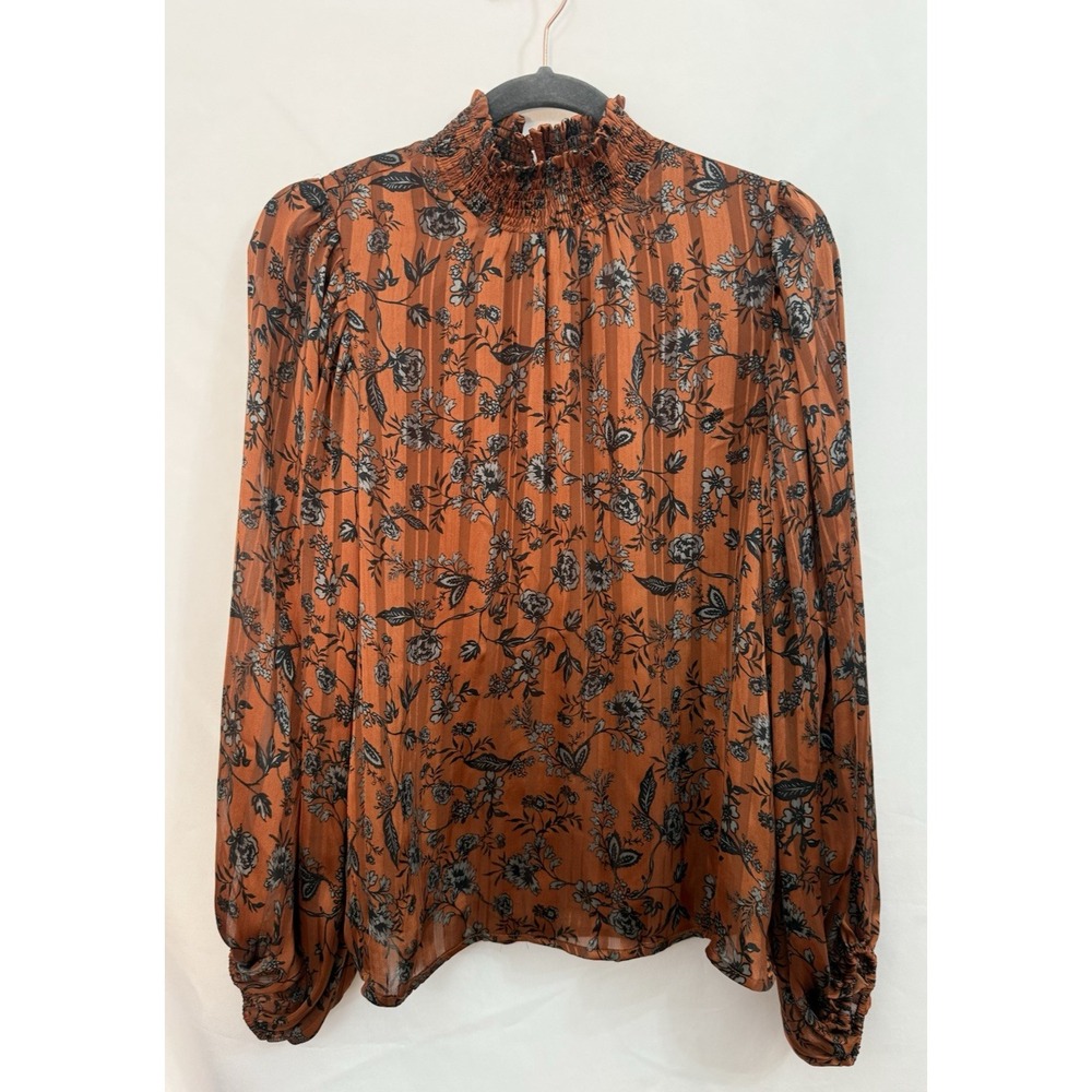 SUGARLIPS Leoben Brown Floral Striped Balloon Sleeve Satin Blouse Top Womens‎ S